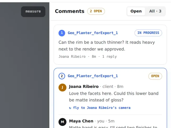 A client's notes and replies on a model