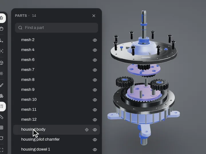 Parts list in the MeshMarkup viewer