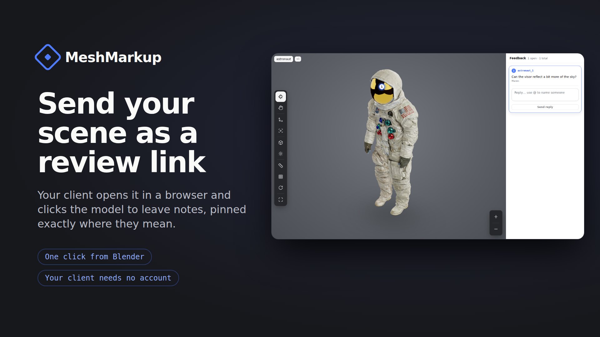A 3D astronaut model in MeshMarkup with a client's note pinned on the helmet visor