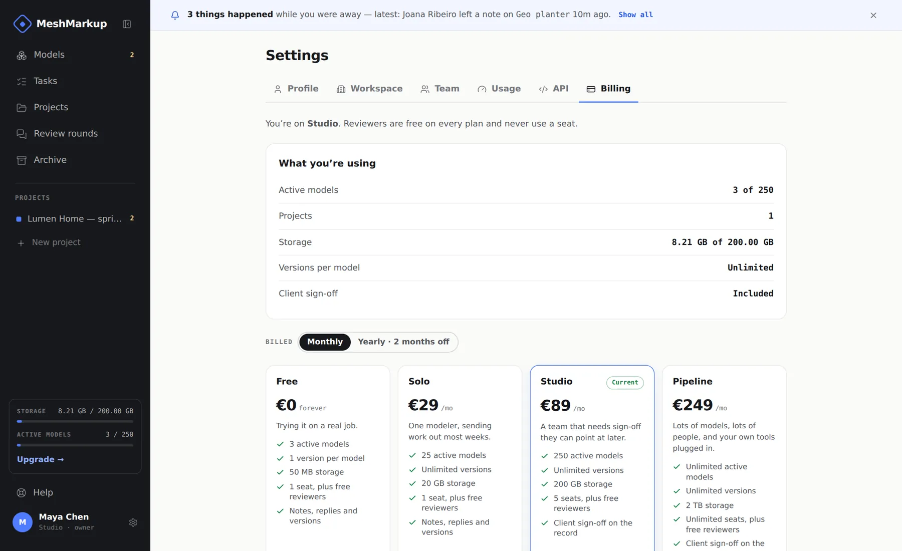 Settings, Billing tab, with the four plans