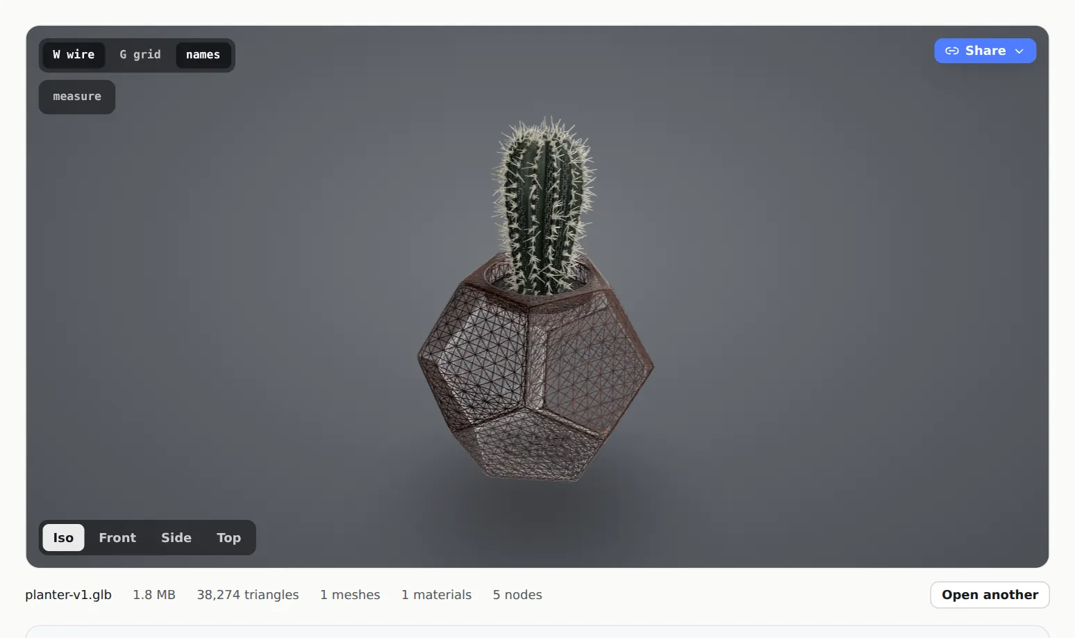 A model open in the free viewer with wireframe on and stats underneath