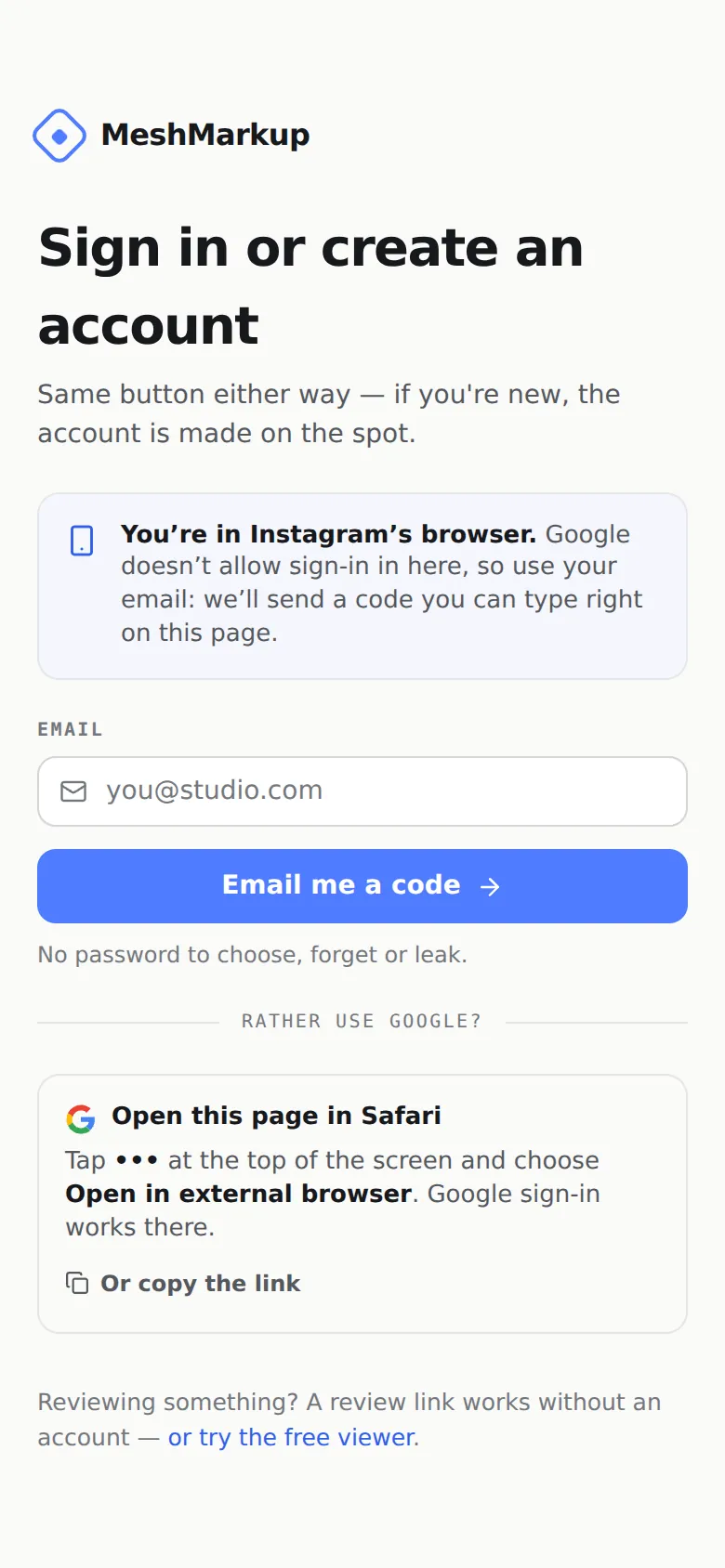 The sign-in page inside Instagram's browser, with email and code first
