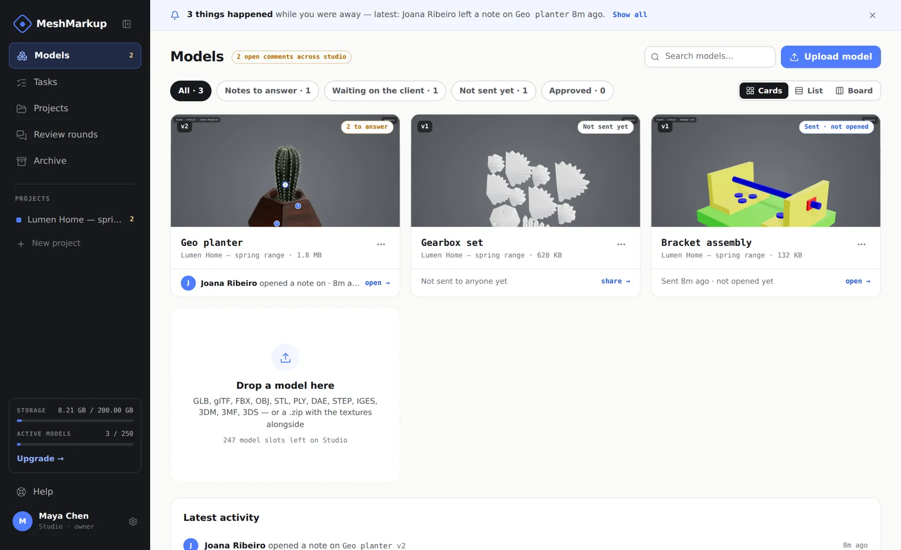 The Models page with the Upload button and model cards
