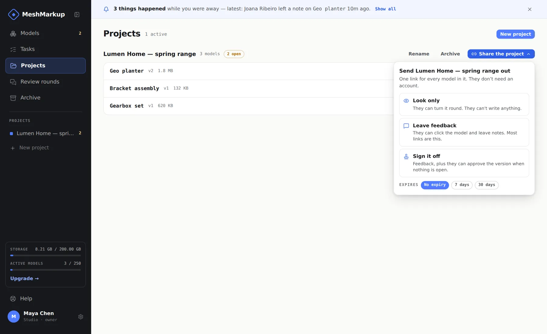 The Projects page with the project Share menu open