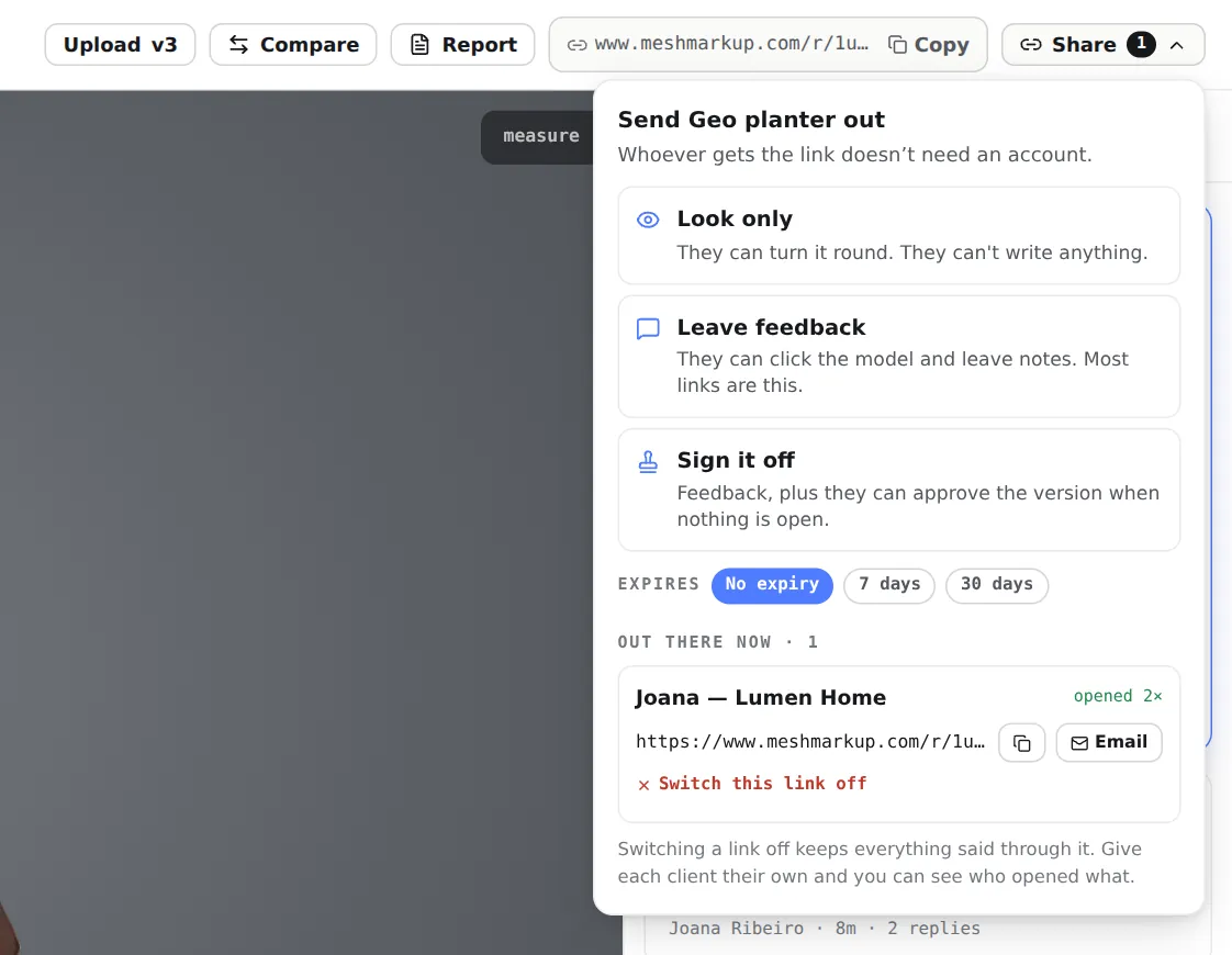 The Share menu with live links, open counts and expiry