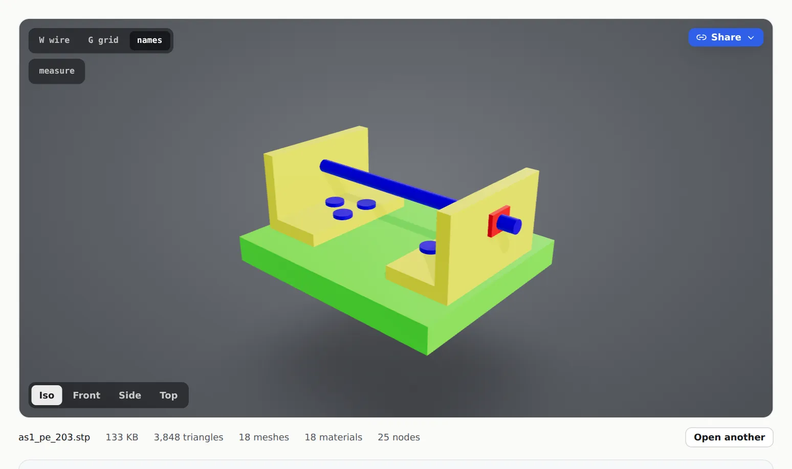 A coloured STEP assembly opened in the free viewer