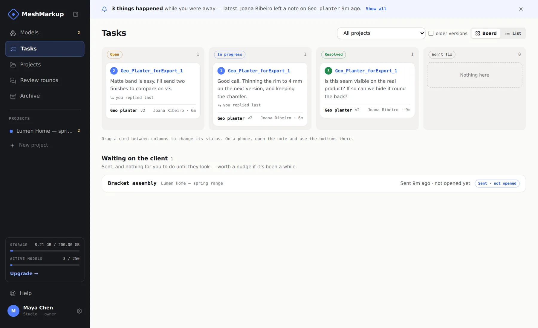 The Tasks page listing notes waiting on the studio