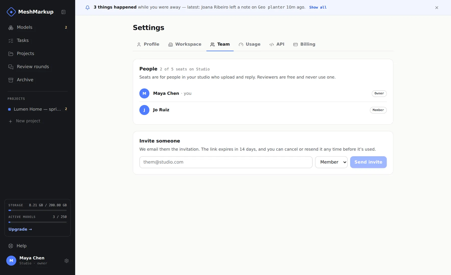 Settings, Team tab, inviting a teammate