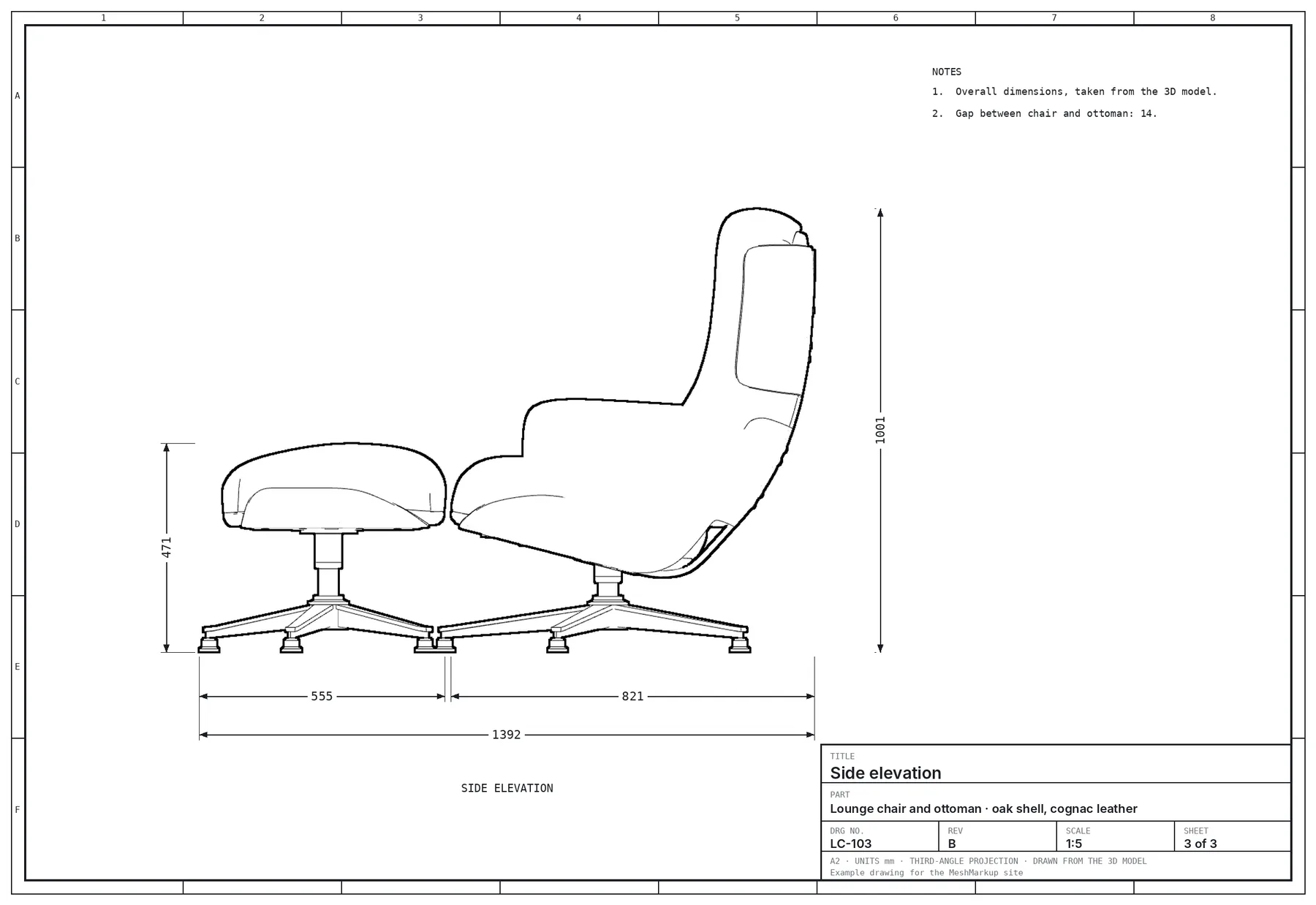 A side elevation drawing of the chair