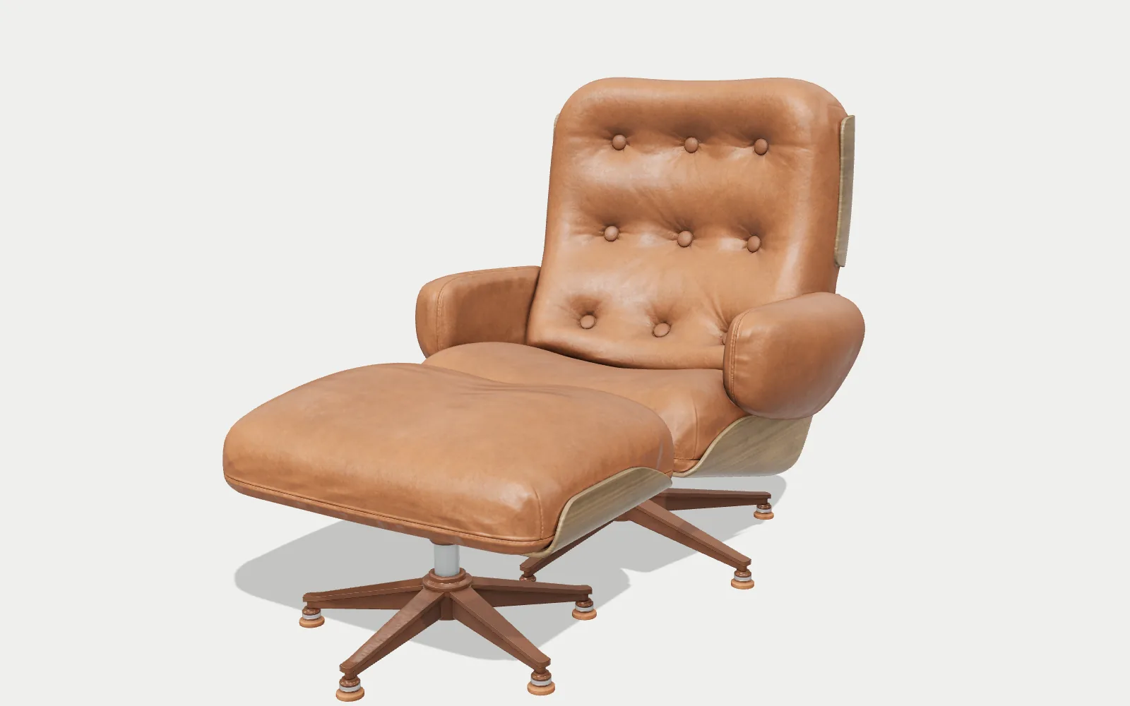 Rev B: cognac leather, oak shell and bronze bases